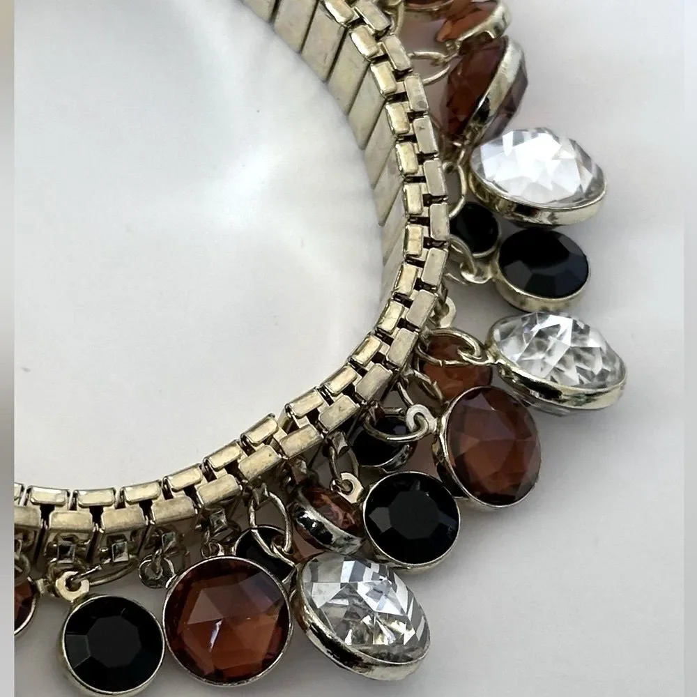 Goldtone Black Amber Zebra Bead Charm Cha Cha Expandable Bracelet Vintage